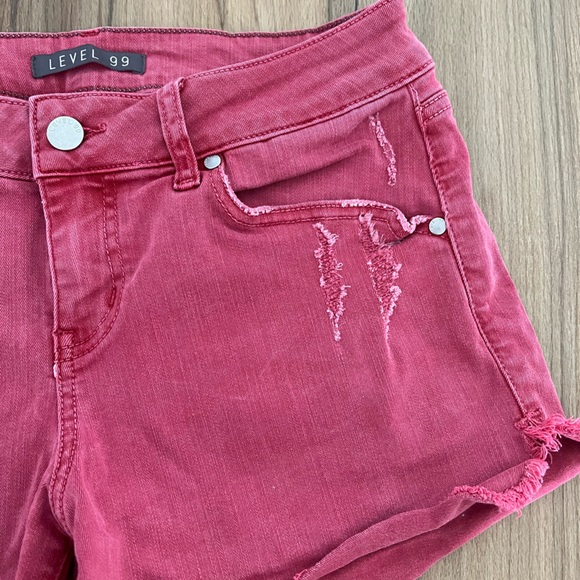 Level 99 Pink/Red Distressed Denim Shorts - Picture 2 of 6